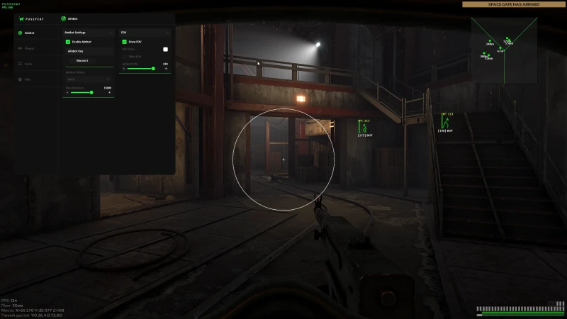 Marathon aimbot FOV circle and player ESP near a Space Gate