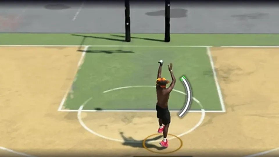 NBA 2K27 Park jumper with a green shot-meter overlay