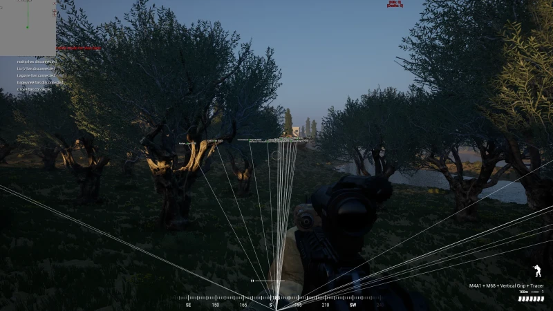 Squad snaplines and aim overlay through a tree line